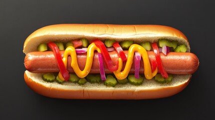 Delicious Hot Dog Garnished with Mustard, Ketchup, and Vegetables