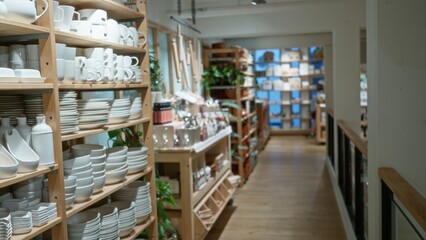 Blurred shop interior with shelves of porcelain dishes and decor, showcasing a cozy indoor setting with wooden displays and soft lighting creating a warm ambiance.