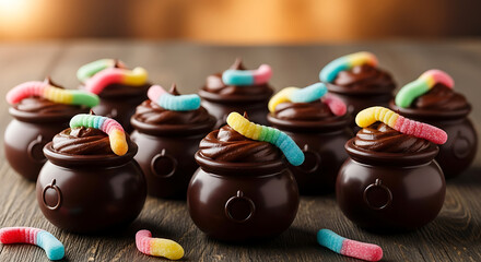 Halloween chocolate pot desserts topped with gummy worms : food and drinks for halloween