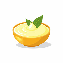 Yellow bowl with yellow pudding and green leaves garnish food illustration