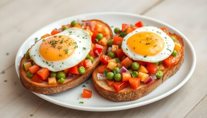 Two slices of toast topped with fried eggs and colorful vegetables, served on a white plate.