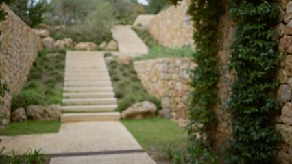 Blurred view of a mediterranean garden pathway with defocused stone steps and bokeh effect capturing the serene ambiance of old stone walls and lush greenery.