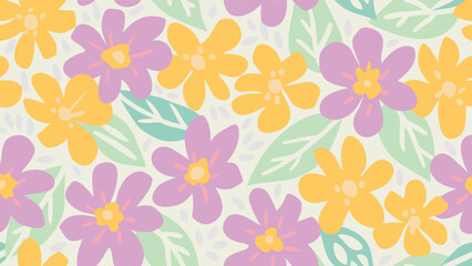 Seamless pattern with stylized flowers in yellow and purple with mint green leaves on a light background