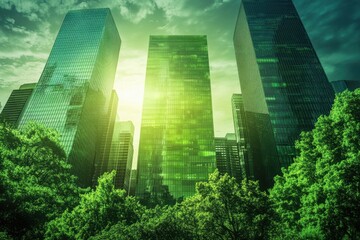 Green Urban Landscape: Modern Skyscrapers Reflecting Lush Trees Against Dramatic Sky, Representing Sustainability and Environmental Awareness