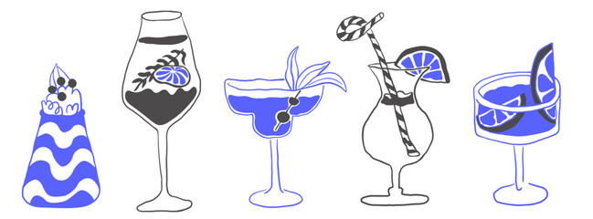 blue and black summer drinks set in hand drawn style in vector. Elements for design advertisement stickers posts poster print postcard banner menu decor backgrounds