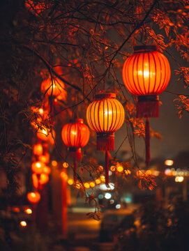Glowing red lanterns hanging from tree branches during night festival
