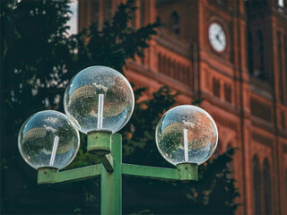 street lamp on the street in wiesbaden, in the background the market church