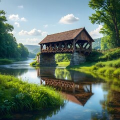 Idyllic covered bridge spanning a serene river on a sunny day