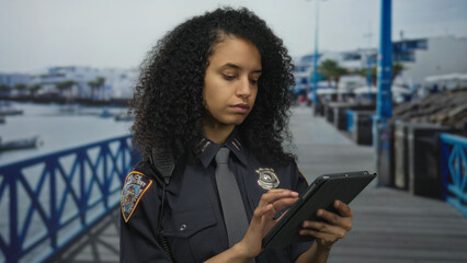 Policewoman with tablet stands on seaside promenade wearing uniform with badge, female officer...