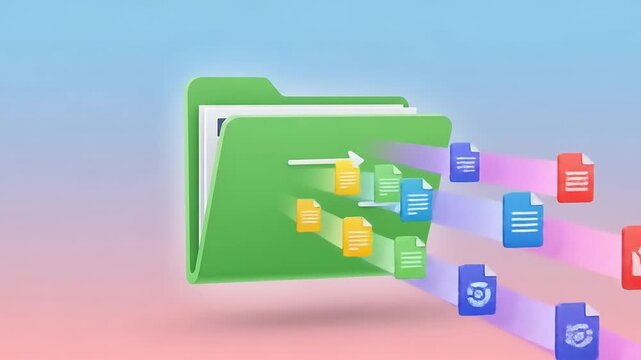 Digital folder icon with colorful documents emerging, symbolizing data organization and management