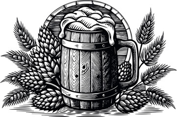 Vintage illustration of a beer mug with foam, hops, and wheat isolated on white background