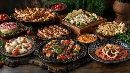 Fototapeta premium Colorful Variety of Delicious Dishes on a Rustic Wooden Table