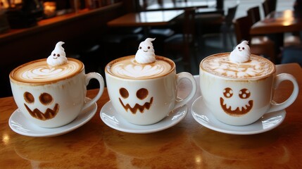 Creative Halloween Themed Coffee with Ghost and Pumpkin Designs
