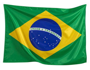 Brazil Flag Waving with Green Field and Yellow Diamond, Front View with Visible Emblem, Isolated on Transparent Background PNG
