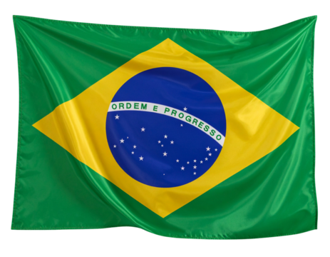 Brazil Flag Waving with Green Field and Yellow Diamond, Front View with Visible Emblem, Isolated on Transparent Background PNG - Powered by Adobe