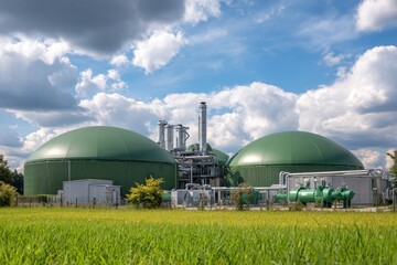 Wide-angle view of a biogas plant with clear details of dome-shaped tanks, compressors, and mechanical piping, framed by a bright sky and green fields.