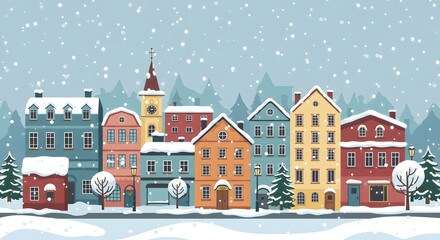 Colorful Snowy Cityscape with Falling Snow – Vector Illustration