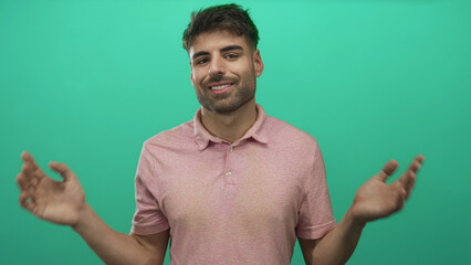 Man in pink polo shirt with open palms gesture and a gentle smile in studio against green...