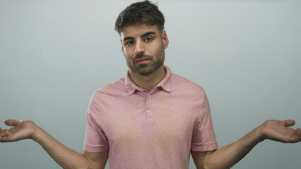 Man wearing a pink shirt shrugs hands and looks at palm in a grey studio while tilting head...