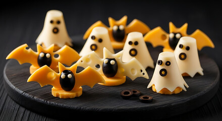 Halloween cheese snacks with ghost and bat shapes on a dark wooden board : food and drinks for halloween
