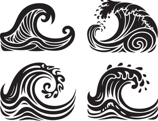 Stylized Ocean Wave Icon Set in Black and White Design