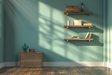 Obraz premium High Definition Visual of a Room with a Shelf and a Box of Things on the Wall