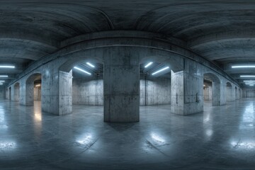360 degree full panorama environment map of empty futuristic neon light dark concrete basement 3d render illustration hdri hdr vr virtual reality.