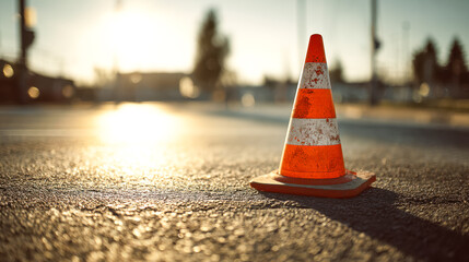 Traffic cone blocking a road during sunset in an urban area