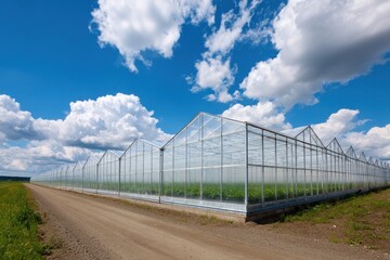 Fototapeta premium A row of modern polytunnel greenhouses for controlled environment agriculture in a rural landscape.