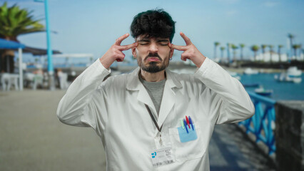 Fototapeta premium Young man smiling at seaside port in lab coat under blue sky with boats in background showing happiness and positivity outdoors with id badge visible