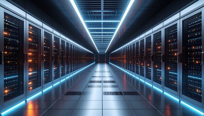 Server Room Corridor with Data Racks and Neon Lighting