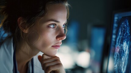 LLM in Healthcare Concept. A focused female doctor reviews data on screen, showing how large language models enhance diagnostics, streamline workflows, and support decisions.