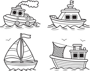 Hand Drawn Boat and Ship Line Art Set on White Background