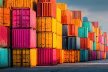 Fototapeta premium A vibrant display of stacked shipping containers in various colors, showcasing the industrial aspect of logistics and transportation in a port setting.
