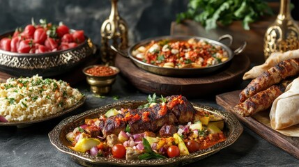 Obraz premium Delicious Middle Eastern Cuisine Platter with Grilled Meat and Sides