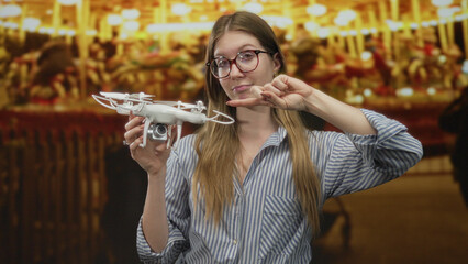 Young blonde woman wearing glasses holding drone at outdoor fair at night; innovation excitement.
