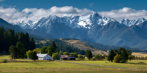 Sun-drenched farm nestled in valley, majestic mountains rising in the background, picturesque, scenic