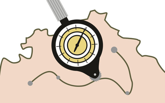 The opisometer measures the distance between points on the map. Curvimeter. Flat vector illustration.
