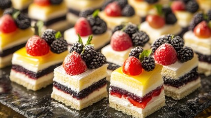 Delicious Mini Cake Squares with Fresh Berries on Dark Background