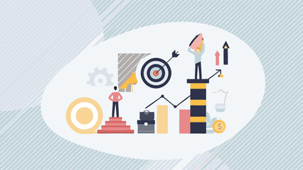 Obraz premium Illustration of business growth with target, stairs, graph, and people working toward success