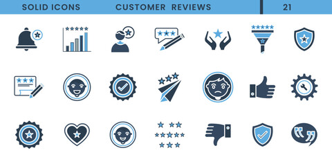Customer reviews solid icons. Vector icon set of product reviews including customer feedback, rating, and others