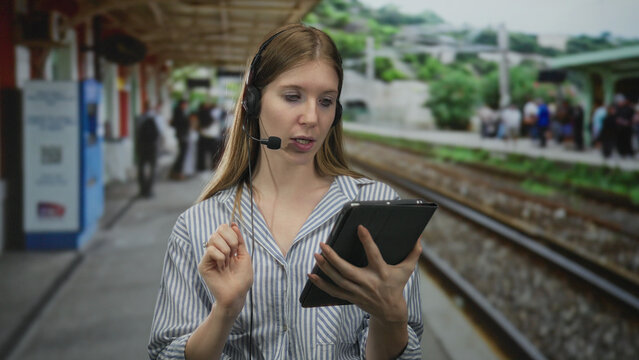 Woman wearing headset microphone and striped shirt holding tablet taps screen at station; focused concentration. - Powered by Adobe