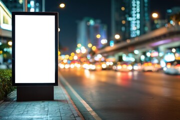 Blank Billboard on City Street at Night with Neon Lights.