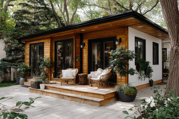 Modern Scandinavian tiny house surrounded by nature