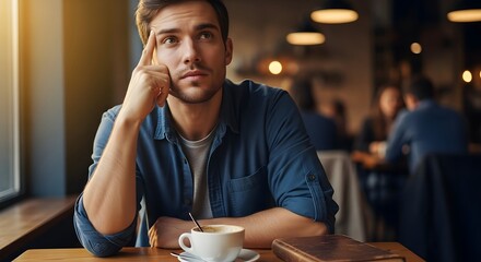 Pensive man in deep thought, bathed in the warm, golden light of a cafe window.