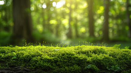 Fototapeta premium Sunlight filtering through a lush forest canopy illuminates a moss-covered log on the forest floor.