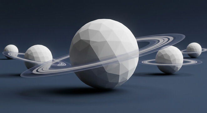 Abstract low-poly solar system with geometric planets and planetary rings on a blue background. A 3D rendered futuristic galaxy concept.