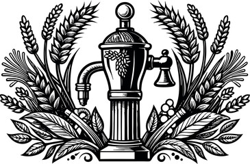Vintage water pump with wheat and vine isolated on white background, a heraldic and decorative design