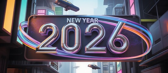 New Year 2026 futuristic cityscape celebration image