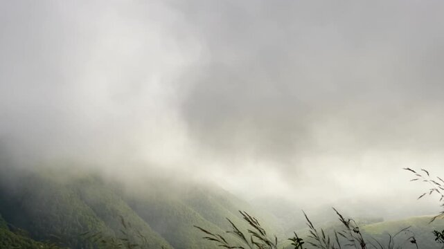 clouds up close and fog at sunset along with dark rain clouds before a storm, the play of light and shadow in the mountains, silhouettes of peaks